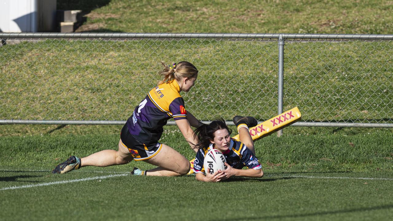 Tyla Cantwell gets a try for Highfields against Gatton in TRL Women grand final rugby league at Toowoomba Sports Ground, Saturday, September 14, 2024. Picture: Kevin Farmer