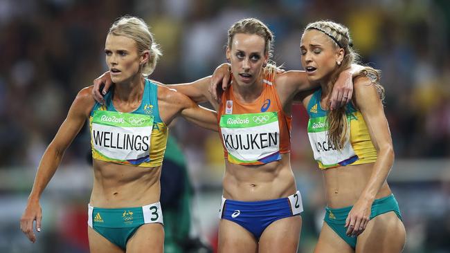 Australia’s Eloise Wellings and Genevieve LaCaze after the 5000m final at the Olympics. Pic: Brett Costello