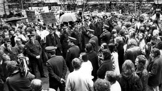 Police in amongst gay rights protesters outside Central Court in Sydney in 1978.