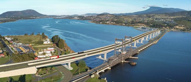 Options for the new Bridgewater Bridge. The second option would see a new four-lane bridge built, with two lanes in each direction.