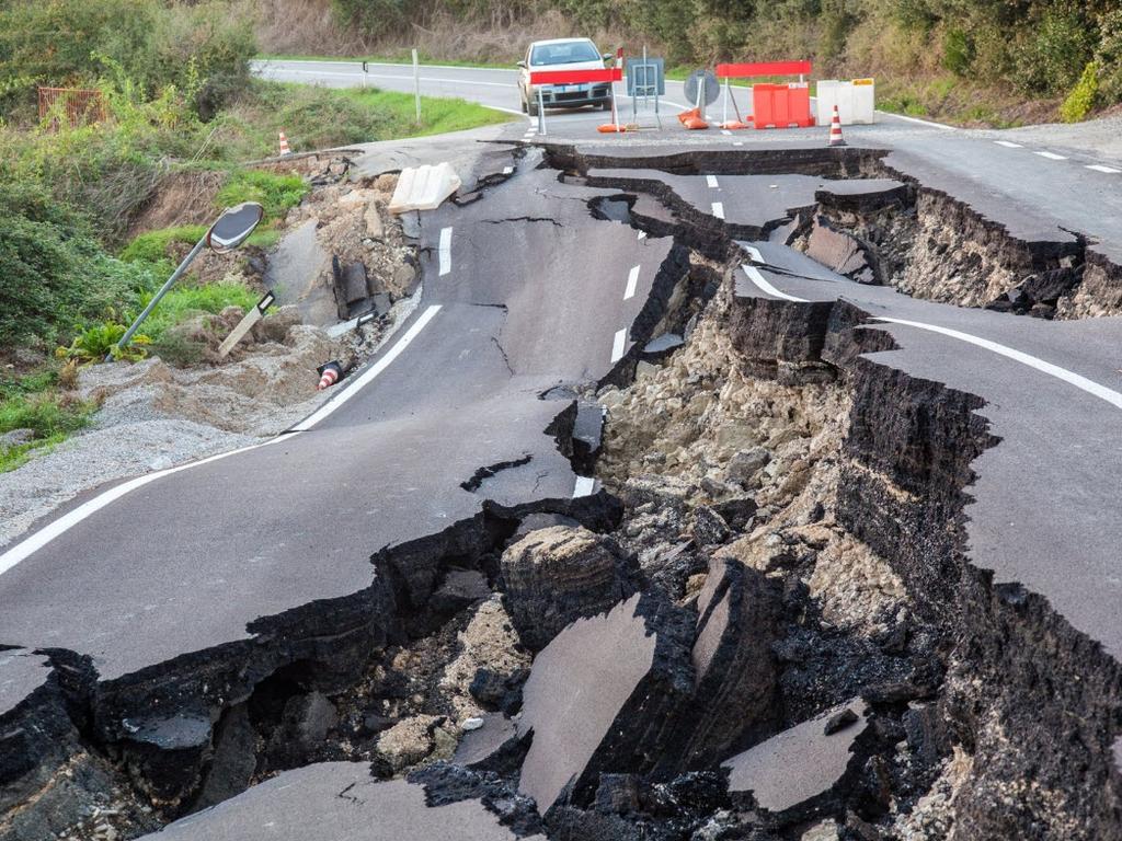 Earthquake damage near Kaikoura, New Zealand, in 2016 where massive landslides cut off roads.