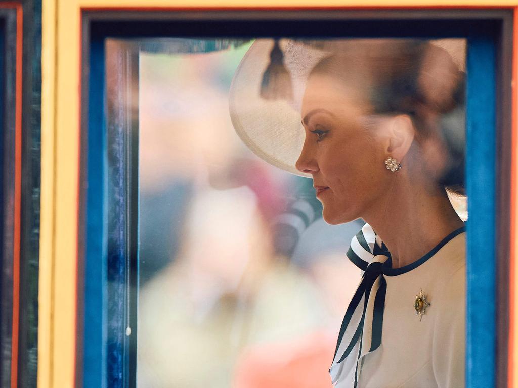 Britain’s Catherine, Princess of Wales, rides the Glass State Coach at Horse Guards Parade during the King’s Birthday Parade “Trooping the Colour” in London on June 15, 2024. Catherine, Princess of Wales, is making a tentative return to public life for the first time since being diagnosed with cancer. Picture: AFP