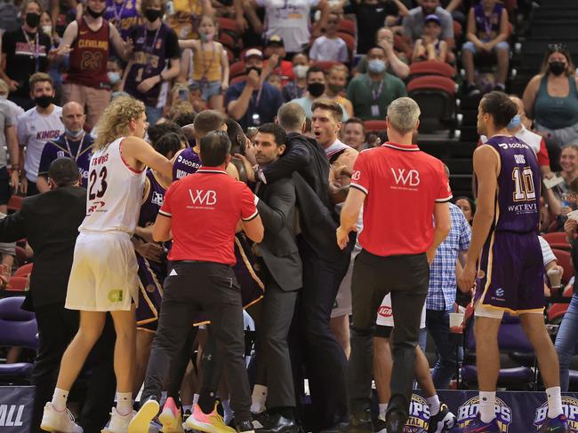 A brawl erupts after Matt Hodgson of the Wildcats had an altercation with Dejan Vasiljevic of the Kings during the round nine NBL match. Photo: Mark Evans/Getty Images.