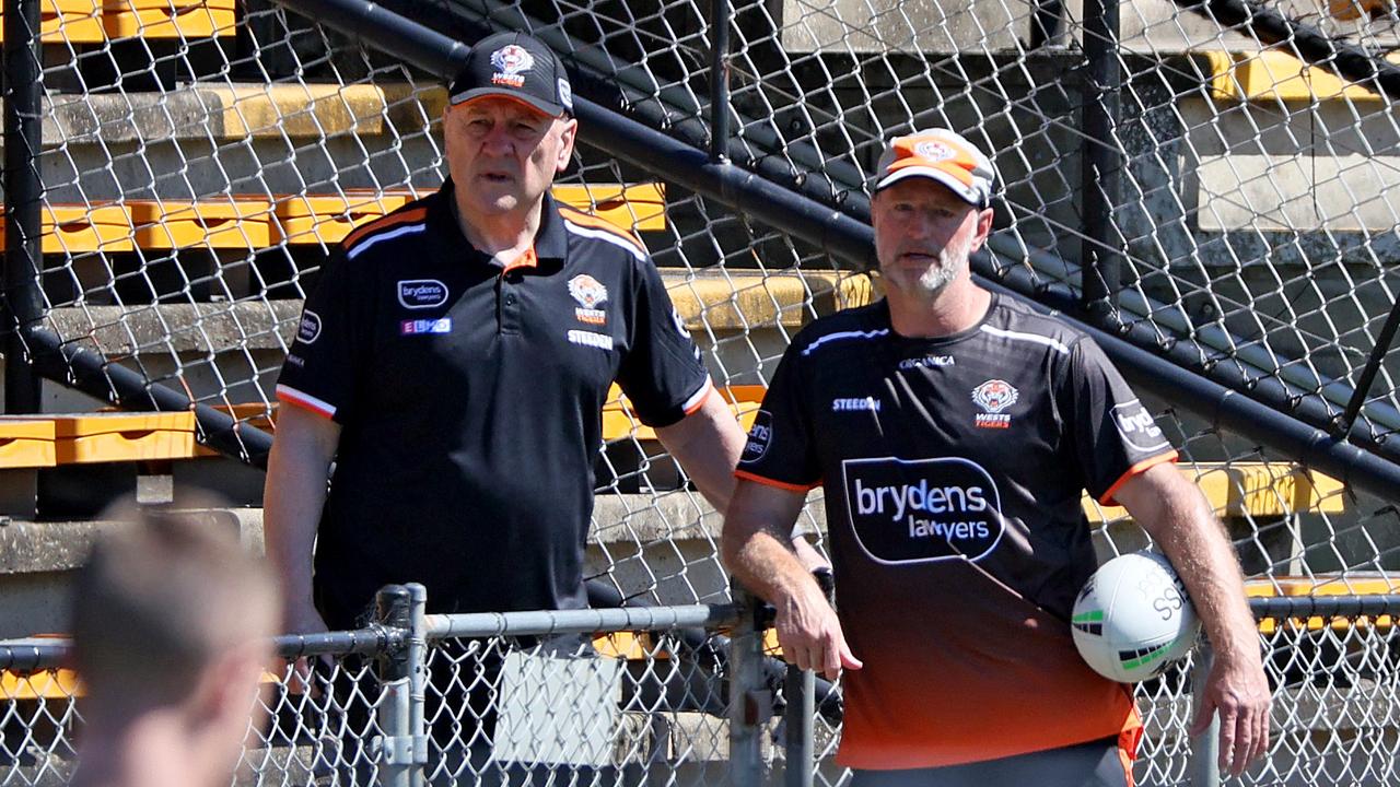 Wests Tigers football boss Tim Sheens (L) has revealed Michael Maguire’s future is under immediate review. Picture: Toby Zerna