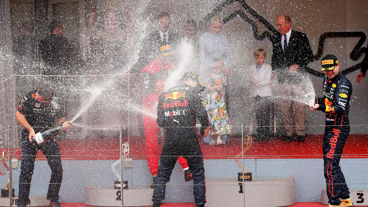 Sergio Perez celebrates on the podium. Picture: Getty Images