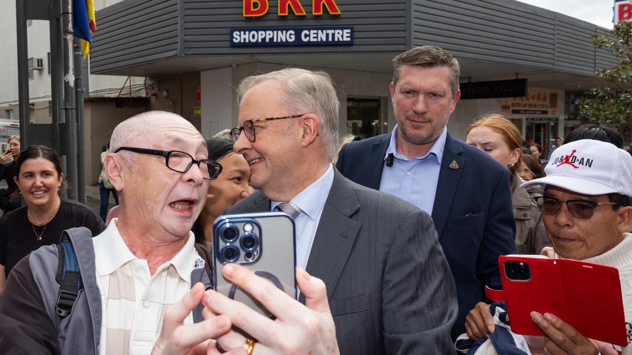 Anthony Albanese got an excited welcome during a street walk in Freedom Plaza in Cabramatta with Labor’s candidate for Fowler, Tu Le. Picture: Jason Edwards / NewsWire