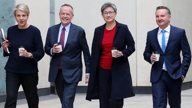 Deputy Labor leader Tanya Plibersek, Leader of the Opposition Bill Shorten, Shadow Minister for Foreign Affairs Penny Wong and Shadow Treasurer Chris Bowen at Parliament House. Picture: Kym Smith