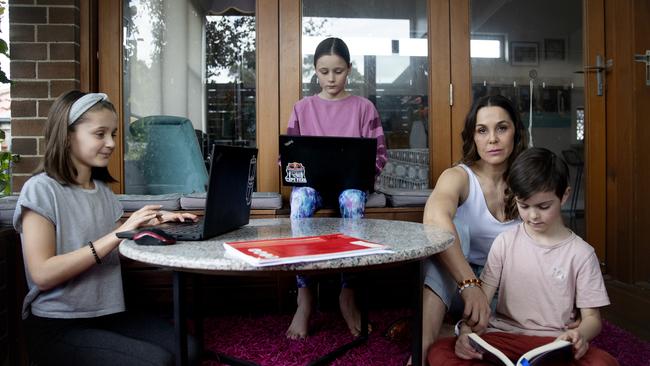 Penny Kehoe with, from left, Olivia, Sophia and Billy at home in Rosebery, Sydney, on Tuesday. Picture: Nikki Short