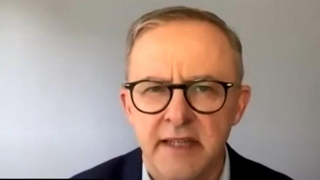 Opposition leader Anthony Albanese appears on the ABC after having contracted COVID 19 during the 2022 election campaign.