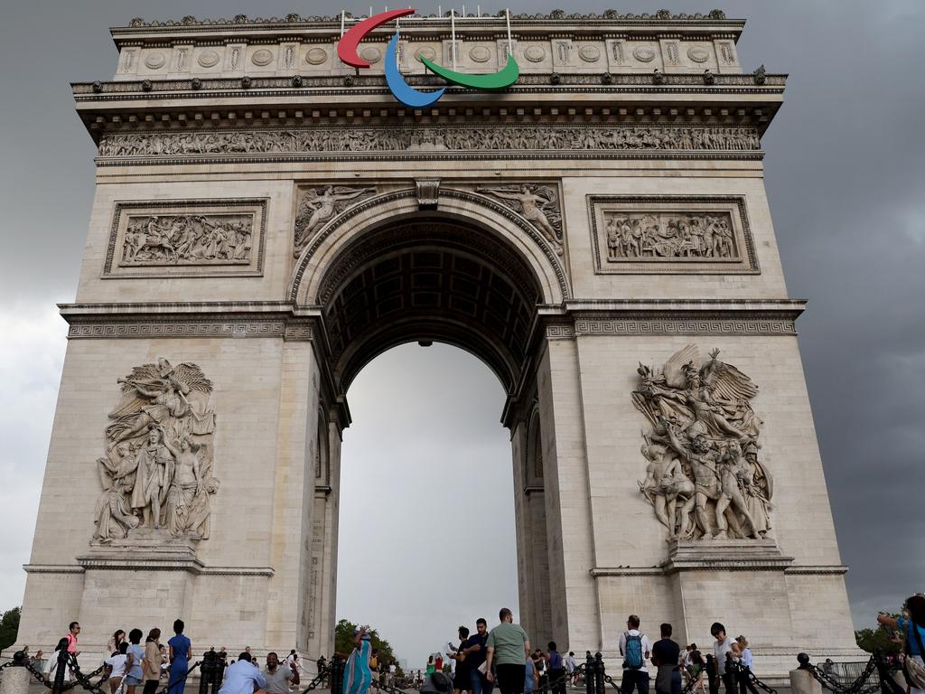 The symbol of the Paralympic Games is pictured on the Arc de Triomphe in Paris. Picture: Getty Images