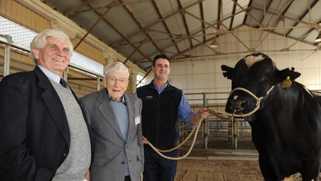 Agricultural genetics veterans John Peach and David Wishart with farm manager Brendon Vallance at the 50th anniversary of Genetics Australia's 'Parwan Park' at Bacchus Marsh back in 2008.