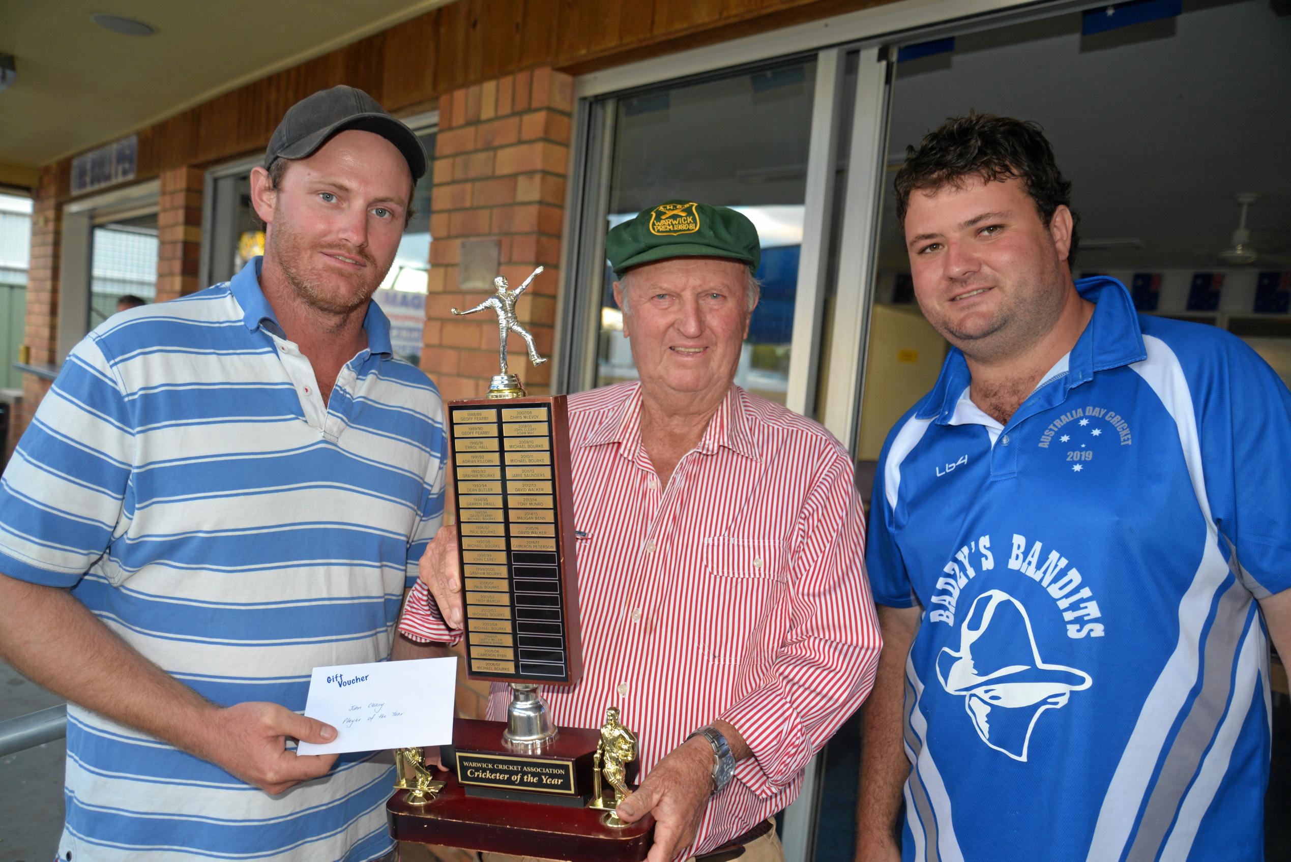 Warwick Cricket Association Player of the Year John Cleary with patron Bill Gross and president Dave Walker. Picture: Gerard Walsh