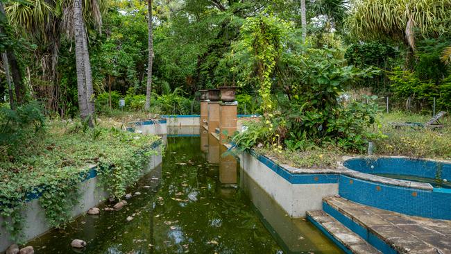 Deep green slime and fallen coconuts fill the main swimming pool at Double Island. Picture Emily Barker.