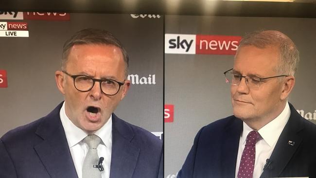 Anthony Albanese and the PM take on the issue of China and their body language says more about their position. Picture: COURTESY SKY NEWS