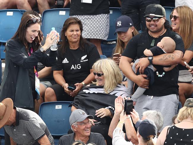 Prime Minister of New Zealand Jacinda Ardern meets New Zealand fans during the Women's gold medal hockey match between Australia and New Zealand at the Gold Coast Commonwealth Games. Photo by Ryan Pierse/Getty Images.