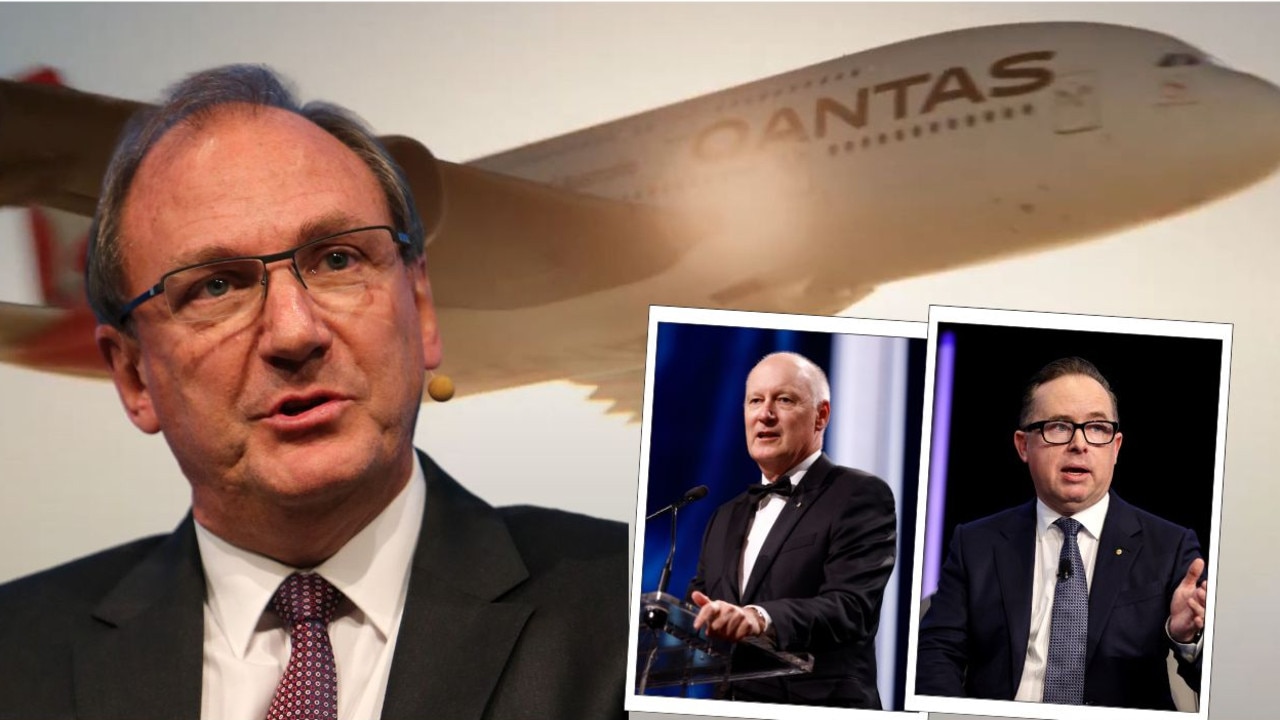 New Qantas chairman John Mullen with former chair Richard Goyder and Alan Joyce.