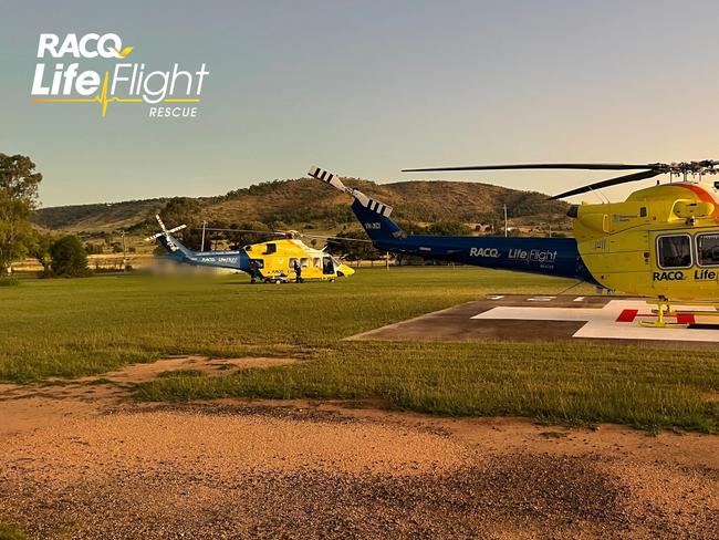 The Brisbane-based RACQ LifeFlight Rescue helicopter has airlifted a teenager, after he was seriously injured in a ute and truck crash, in the North Burnett region. Picture: RACQ LifeFlight