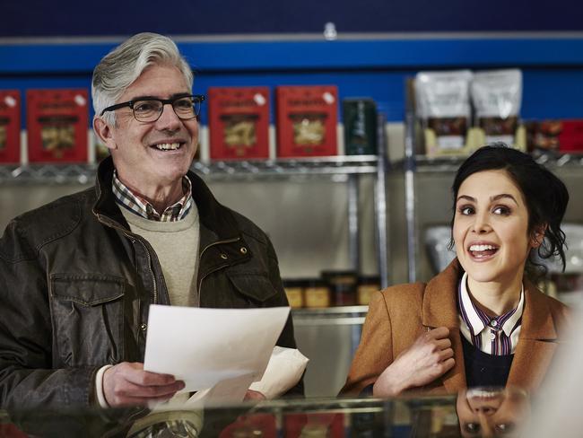 Memoir needed ... Dugdale (Shaun Micallef) with ghost writer Ellen (Lucy Honigman). Picture: Supplied