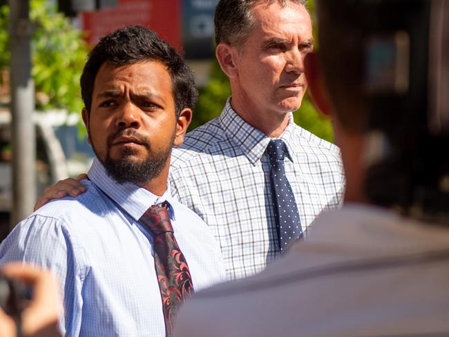 Footballer Willie Rioli leaves Darwin Local Court after allegedly being caught with cannabis while flying from Darwin to the Tiwi Islands.Picture: Che Chorley