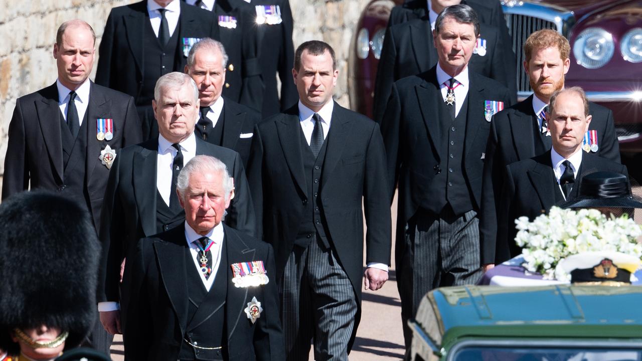 Prince William and Prince Harry were placed either side of Peter Phillips during Prince Philip’s funeral. Picture: Pool/Samir Hussein/WireImage.