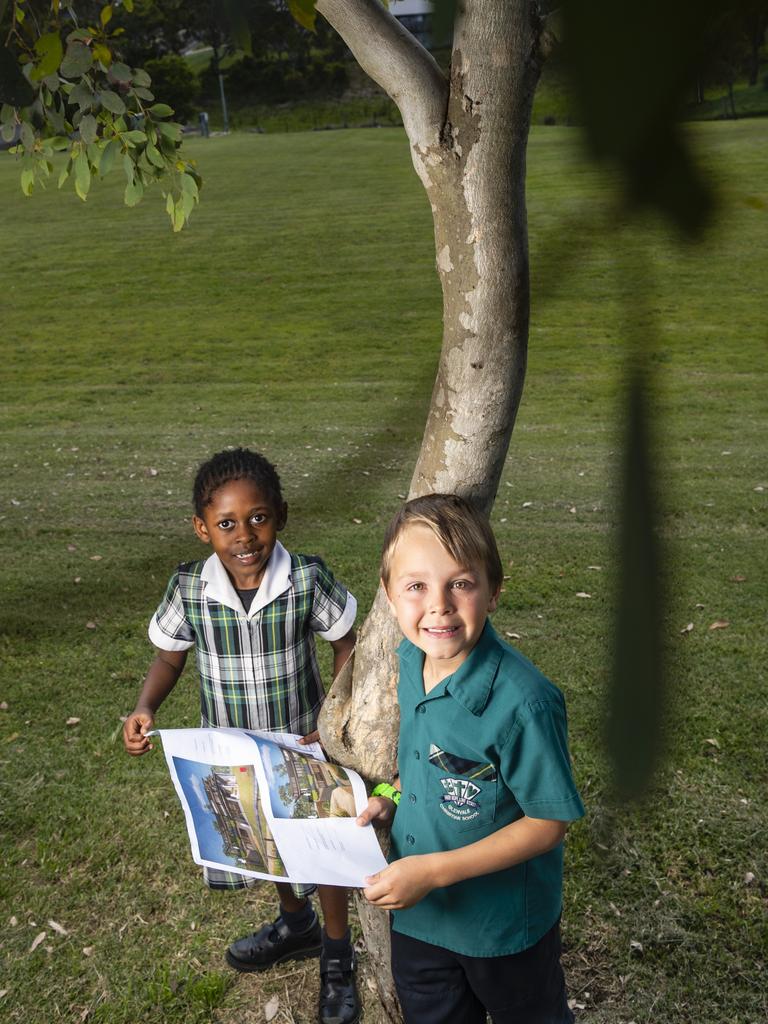 Glenvale Christian School students Blessing Karogi and Kane Van Der Klay are excited for the expansion to their school, Thursday, November 10, 2022. Picture: Kevin Farmer