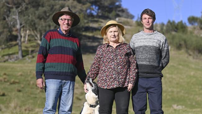 Ross Smith, wife Amanda and his son Blake on their property in Darlow. Picture: Martin Ollman