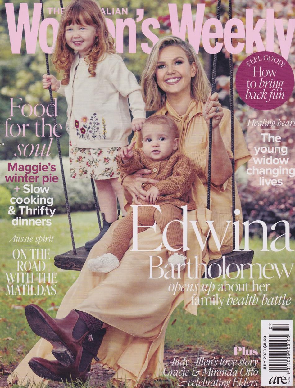 Edwina Bartholomew on the cover of The Women’s Weekly July 2023 edition with children Molly and Tom. Picture: Alana Landsberry