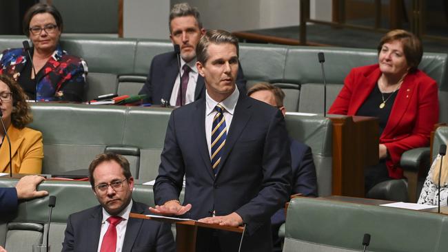 Dr Andrew Charlton MP delivers his maiden speech at Parliament House in Canberra. Picture: Martin Ollman