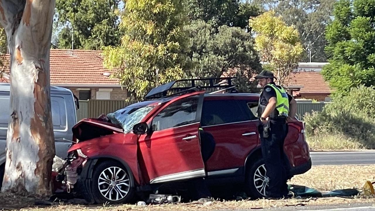 This red SUV crashed into a large tree on Main North Rd. Picture: Dylan Hogarth