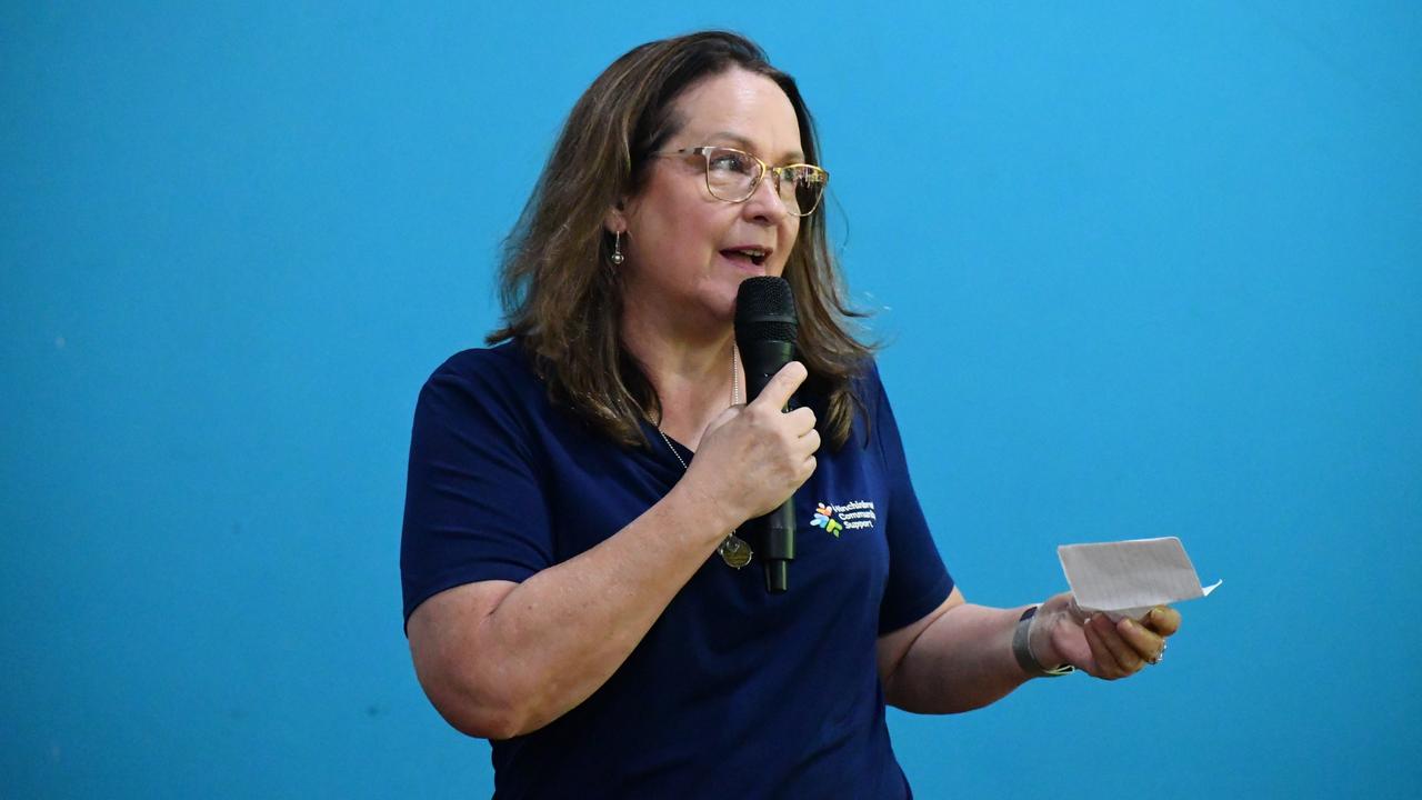 Hinchinbrook Community Support Centre CEO Linda McClelland speaking after receiving a $75,000 donation from Clubs Queensland to help rebuild and provide community assistance in the wake of the Hinchinbrook flood disaster. Picture: Cameron Bates
