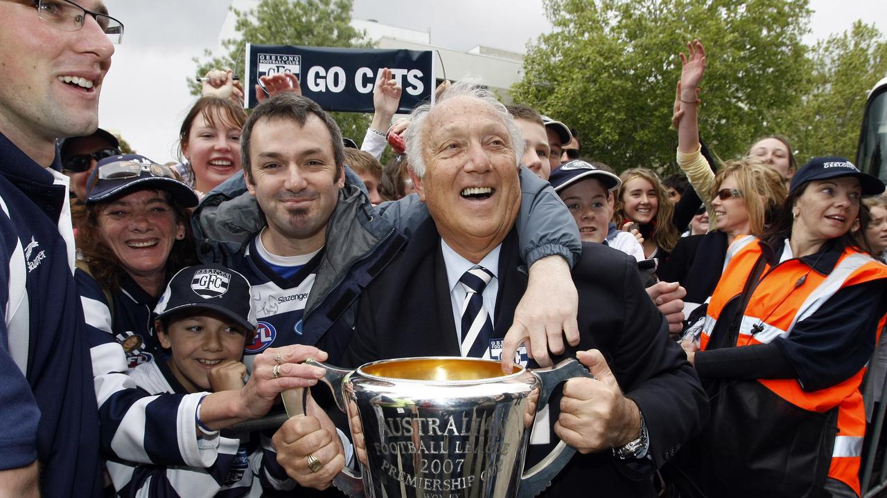 Frank Costa celebrating the Cats’ 2007 Grand Final victory. Picture: AAP Image/Andrew Brownbill