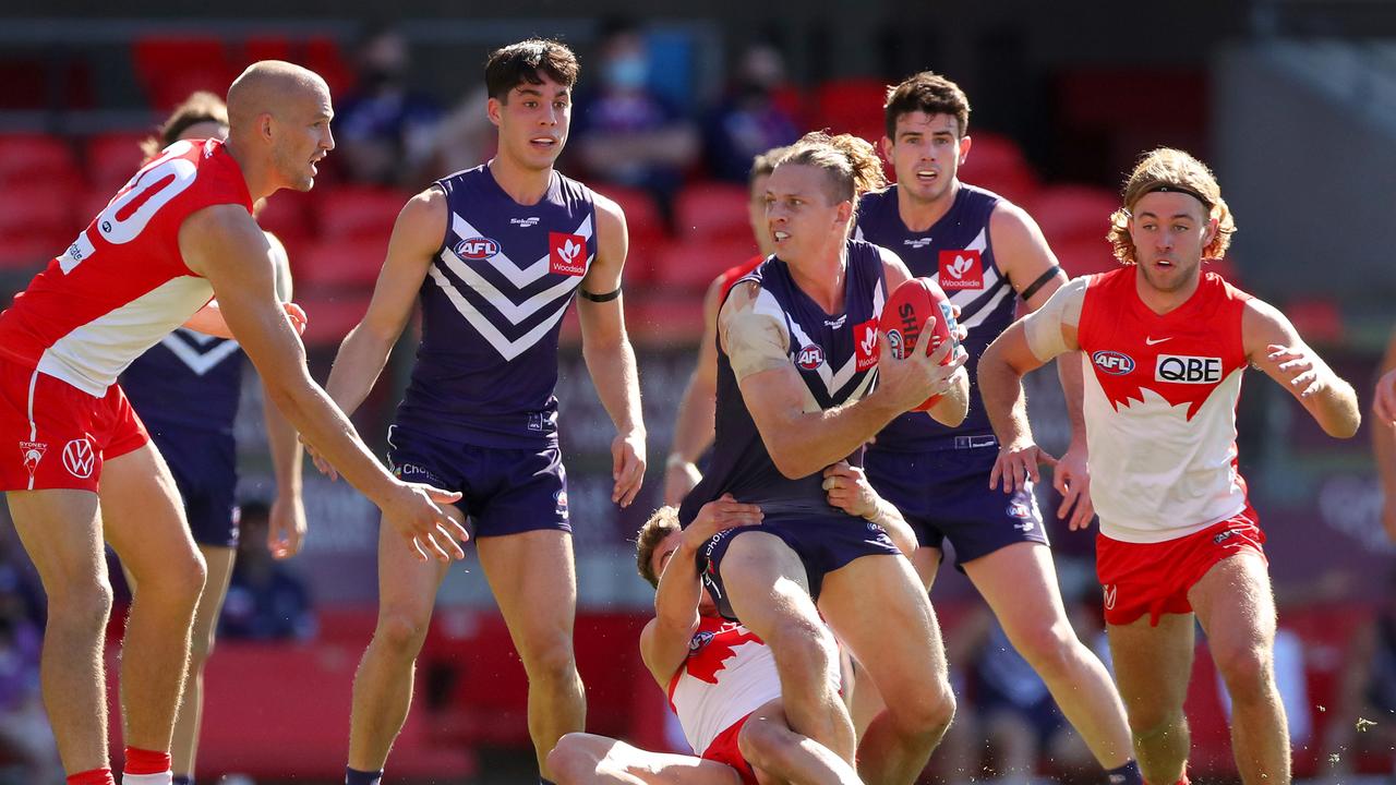 Nat Fyfe suffered the setback against the Swans. Picture: Kelly Defina/Getty Images