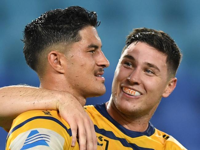 Dylan Brown and Mitchell Moses 2020 NRL Round 02 - Gold Coast Titans v Parramatta Eels, Cbus Super Stadium, 2020-03-22. Digital image by Scott Davis � NRL Photos