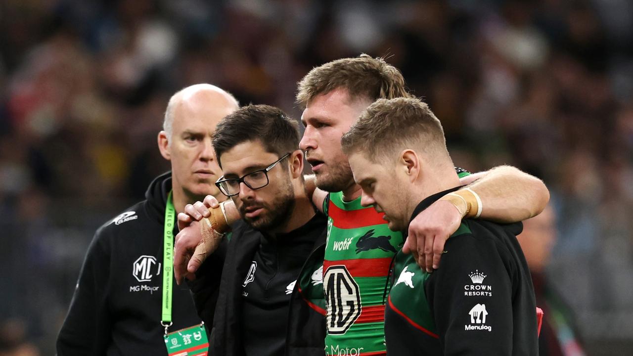 There were fears Jai Arrow had done serious damage to his back, but he’s confident he’ll be fine to play for the Rabbitohs this weekend. Picture: Will Russell/Getty Images