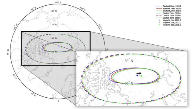 Successive locations of the magnetic dip pole, Blackout Zone and Caution Zone in the northern hemisphere throughout a five-year cycle. Picture: NA