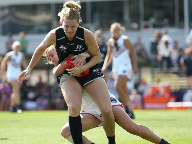 Blues’ big gun Breann Moody is a mountain on the footy field. Picture: AAP