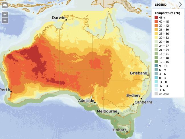 Daily temperatures across Australia on Saturday. Picture: BOM.