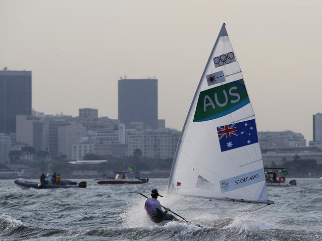 Australia’s Ashley Stoddart on the water as a change comes through and postponed the Laser Radial Women Medal Race at the Rio 2016 Olympic Games. Picture: Brett Costello