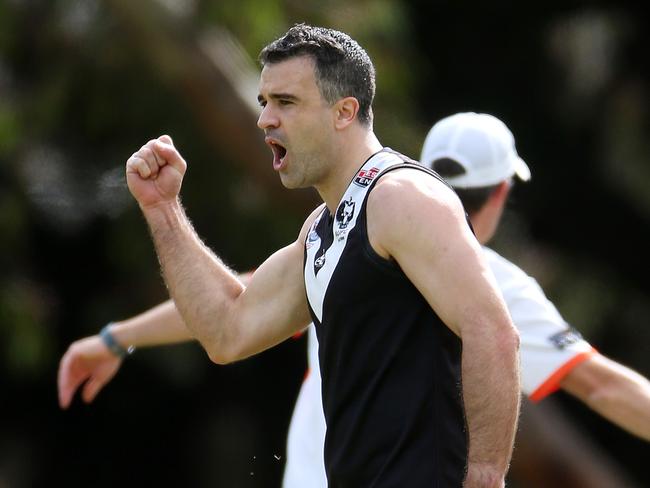 16/04/16 Peter Malinauskas celebrates kicking a goal playing amateur football in the city. photo Calum Robertson