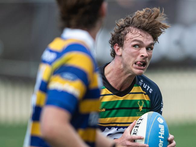 25/04/25. News Local. Sport. Camperdown, Sydney, NSW.Pics by Julian Andrews.Action pictures from the 1st Colts RFU match between Sydney University and Gordon in Camperdown.Picture shows:Uni player: Gordon player: Archie McGurk has his game face on