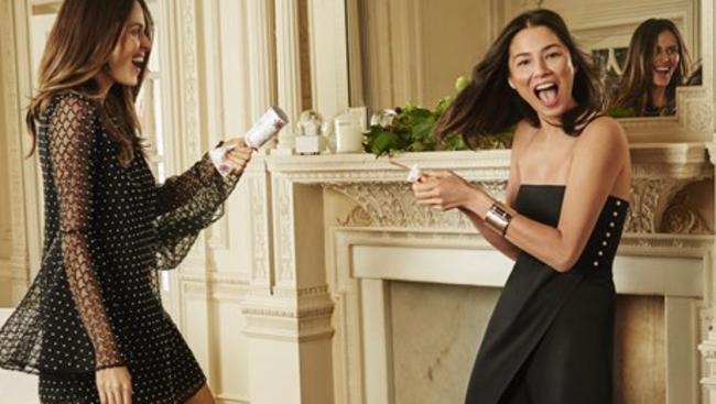 Models Jessica Gomes and Nicole Trunfio party on in David Jones’s print ads. Picture: supplied.