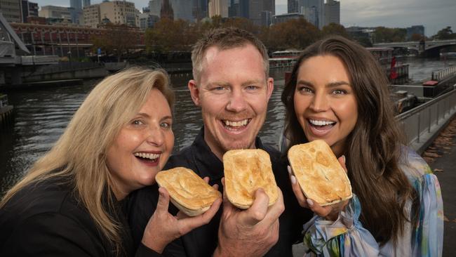 National Pies Perfect Pairing event. Geraldine Tebbutt, CEO &amp; Managing Director at Tasmanian Bakeries, Jack Riewoldt, National Pies Ambassador and Sarah Todd, MC an International Chef. Picture: Tony Gough