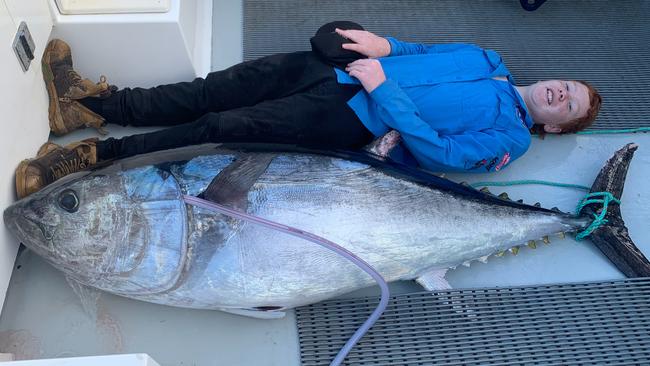 Orford teenager Jye Castle landed this 107kg monster of a southern blue fin tuna while fishing at Maria Island on Monday, June 22, 2020.