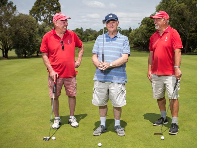 Ringwood Golf Club members (L-R) Glenn Haslam, Alan Nelsen and Gordon East. Golf is under pressure, membership is falling around Australia and golf sales have fallen by a third, many golf courses have closed or are set to lose up to half their land as councils look to slice them up. Ringwood golf club, Melbourne's largest, may be halved by Maroondah Council. Alan Nelsen and his friends are golf-mad and campaigning strongly against the plans. Photograph by Paul JeffersThe Australian 17 Jan 2020