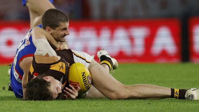 Tom Liberatore buries Will Day in the Marvel Stadium turf. Picture: Michael Klein