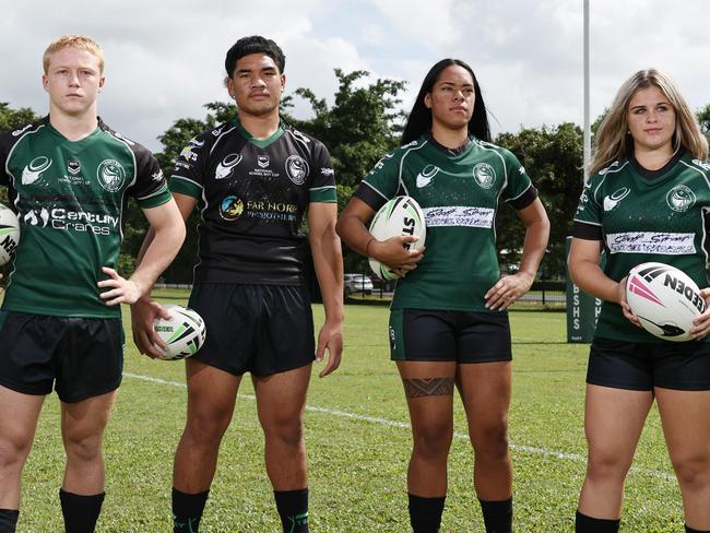 Trinity Bay State High School begin their Aaron Payne Cup campaign on Thursday when they play St Ignatius College and St Margaret Mary's College in the schoolboys and schoolgirls competition respectively. Trinity Bay State High School Cowboys Challenge player Zaeden Kitching, Aaron Payne Cup player Alpha Lokotui and Schoolgirls Cup co captains Elishama Suavai and Nelly Robertson are ready to compete against North Queensland's best rugby league players after a long off season. Picture: Brendan Radke