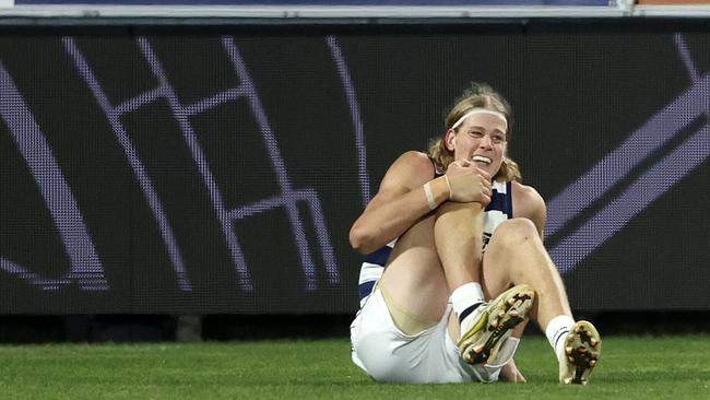 Sam De Koning went down with a knee injury. Picture: Martin Keep/AFL Photos/via Getty Images