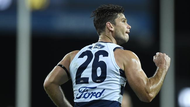 Tom Hawkins celebrates a goal. Picture: Getty Images