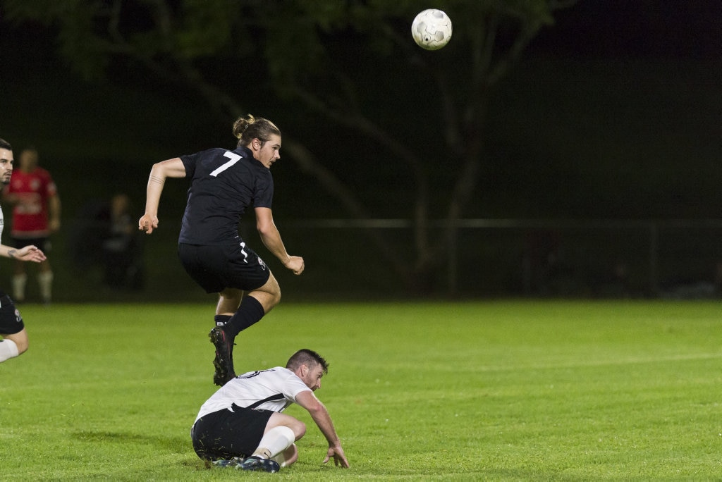 Fred Pfeiffer of Willowburn White defends against Willowburn in Toowoomba Football League Premier Men round five at Commonwealth Oval, Saturday, March 30, 2019. Picture: Kevin Farmer