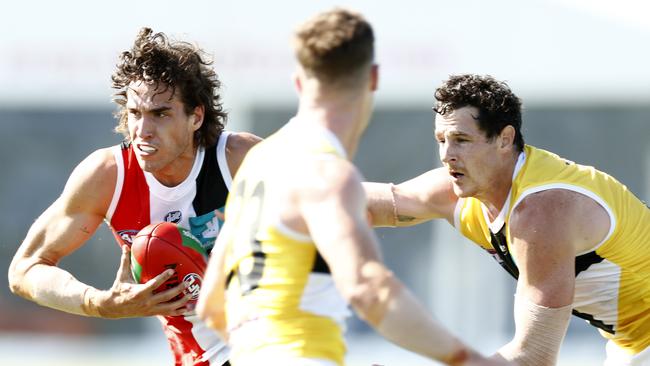 Max King and Jake Carlisle compete during St Kilda’s Intra-club match. Picture: Darrian Traynor/AFL Photos